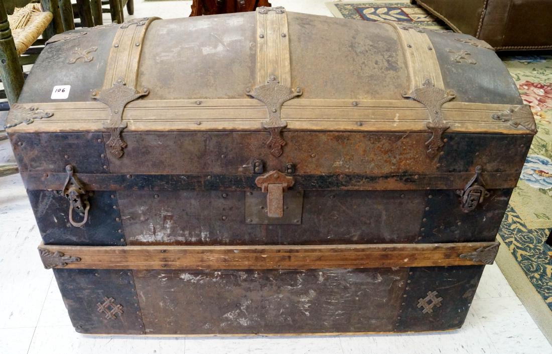 VINTAGE OAK BOUND DOME TOP TRUNK, 19TH CENTURY. HEIGHT (1 of 1)