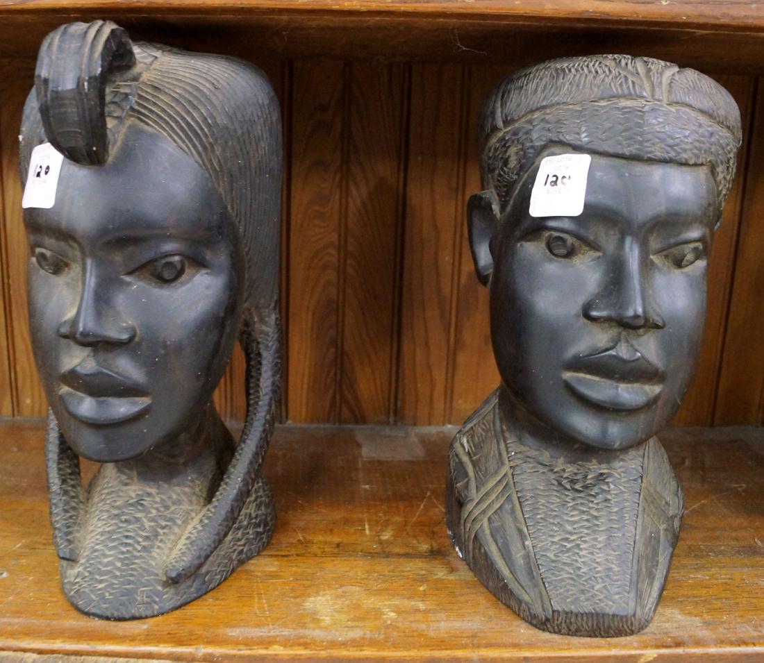 PAIR AFRICAN CARVED EBONY MALE AND FEMALE BUSTS. HEIGHT (1 of 1)