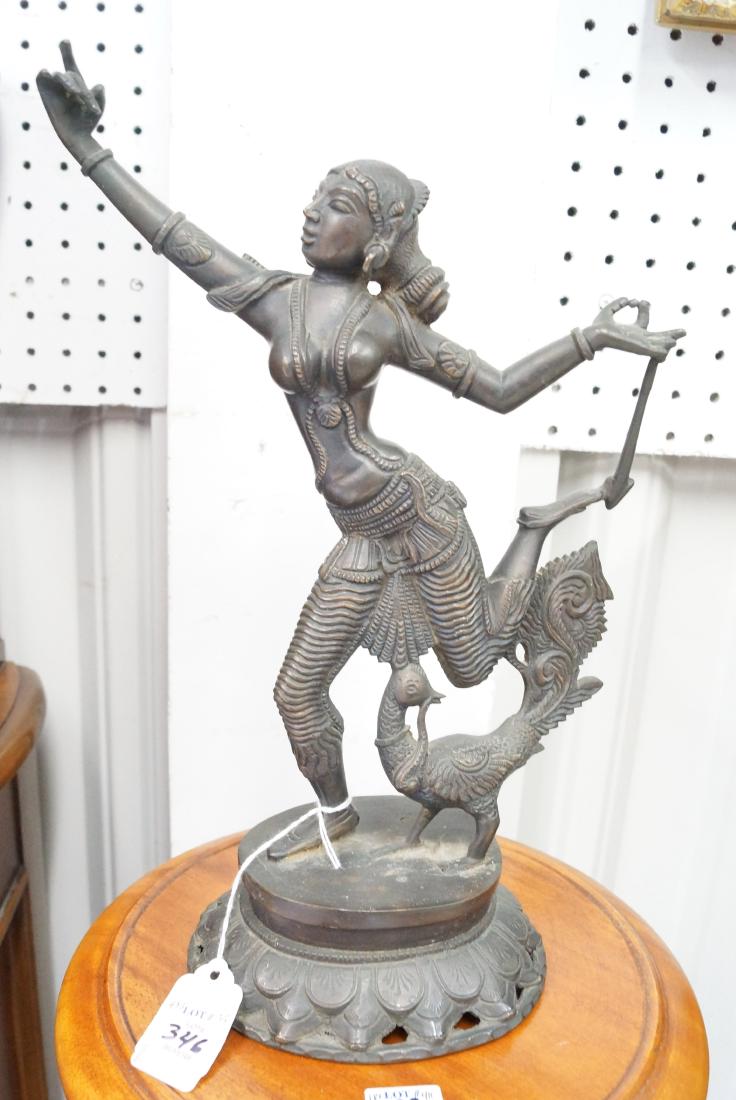 INDIAN BRONZE DANCING FIGURE WITH PEACOCK. HEIGHT 13" (1 of 1)