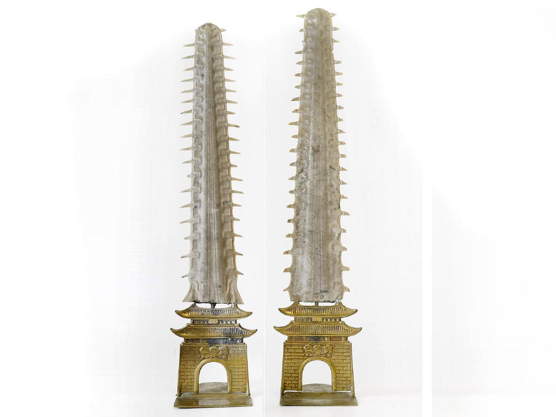 PAIR SAWFISH ROSTRUM MOUNTED ON CHINESE PAGODA (1 of 1)
