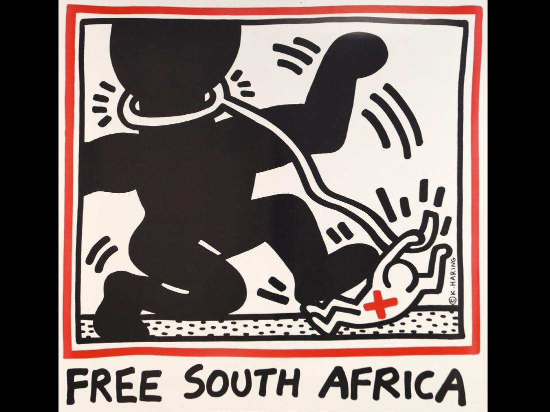 KEITH HARING (AMERICAN 1958-1990), POSTER ON FOAM: KEITH HARING (AMERICAN 1958-1990), POSTER ON FOAM BOARD, "FREE SOUTH AFRICA", C.1985. 47 X 48"