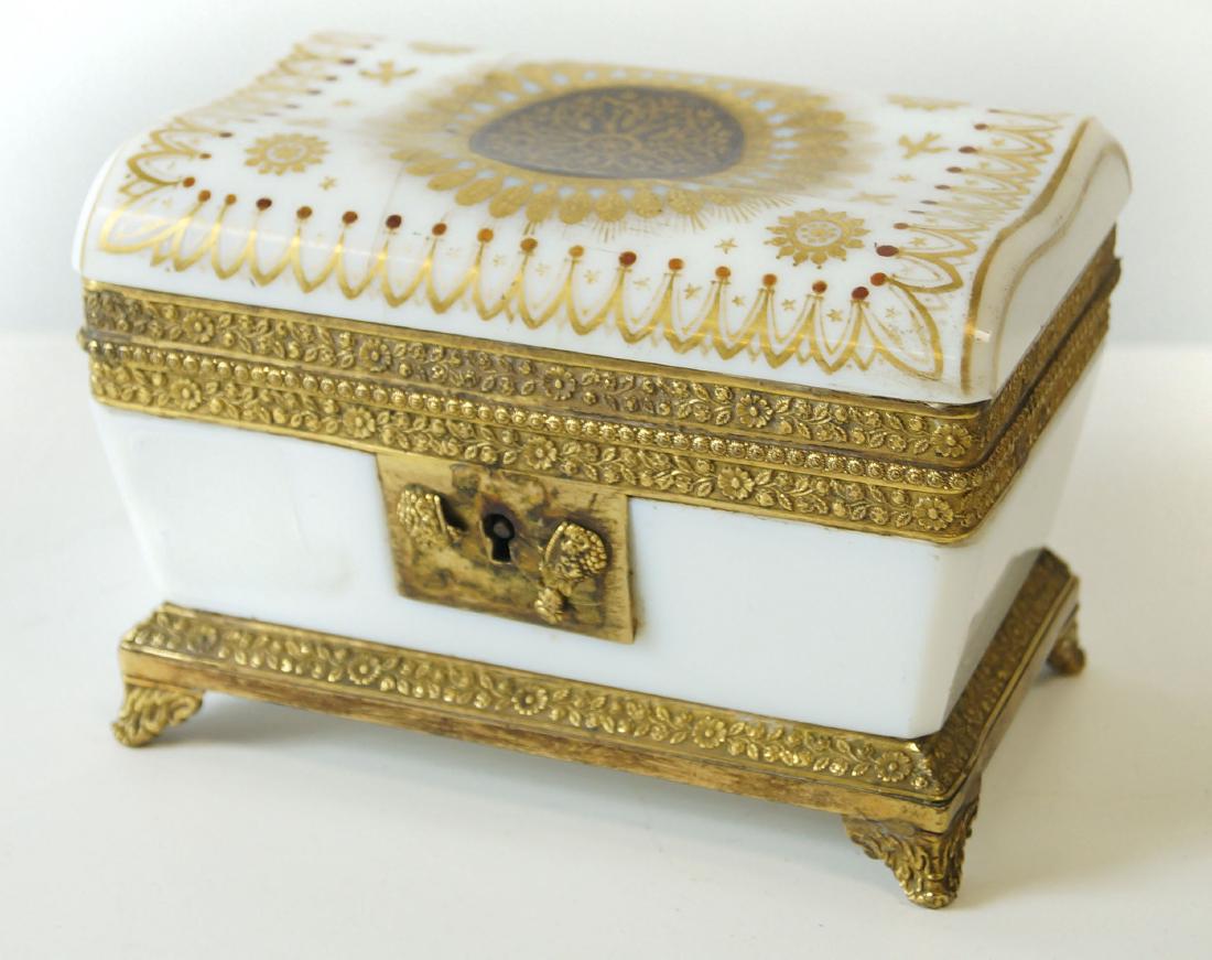 FRENCH MILK GLASS GILT DECORATED ORMOLU MOUNTED BOX, (1 of 2)