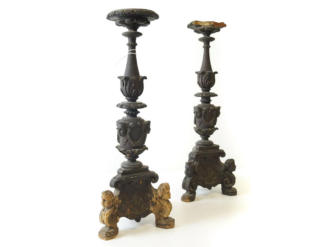 PAIR ITALIAN CARVED WOOD CANDLE PRICKET STICKS, 18/19TH (1 of 2)