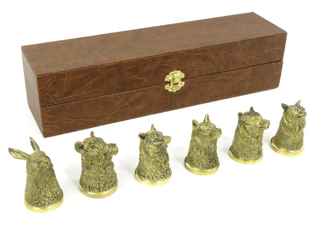 SET (6) RUSSIAN BRASS FIGURAL VODKA CUPS. HEIGHT 2 1/2" (1 of 5)