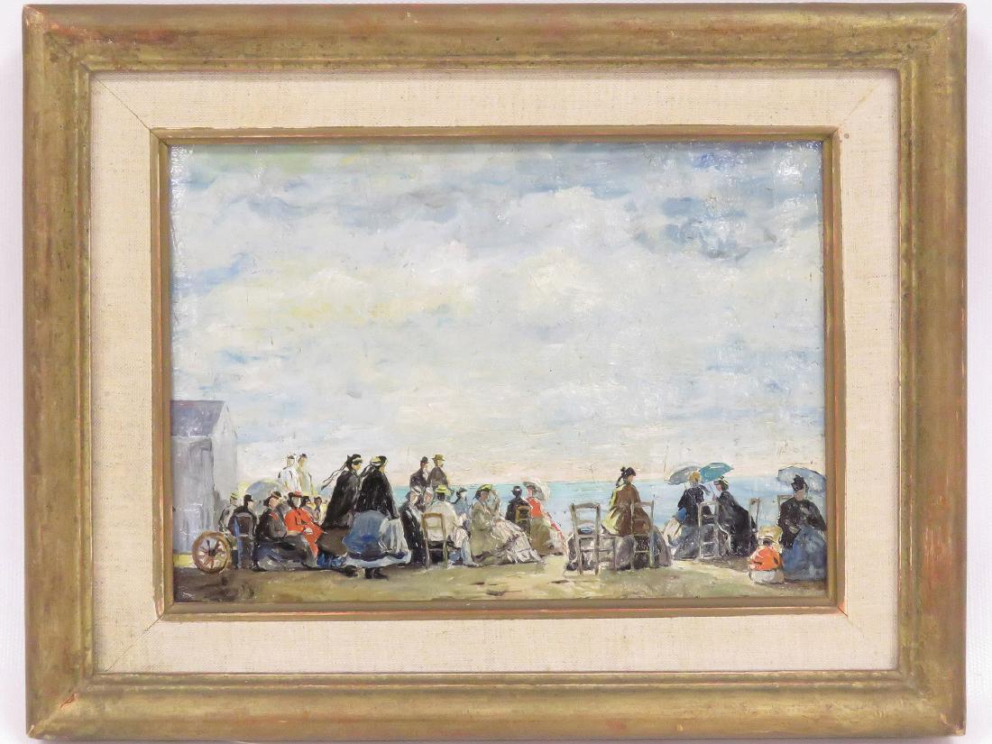 FRENCH SCHOOL (19TH CENTURY), OIL ON CANVAS, PLAGE A: FRENCH SCHOOL (19TH CENTURY), OIL ON CANVAS, PLAGE A 'TOURVILLE, BEARING INITIALS E.B. (POSSIBLY EUGENE BOUDIN). 6 1/4 X 8 1/2"; FRAMED- 9 X 11 1/2"