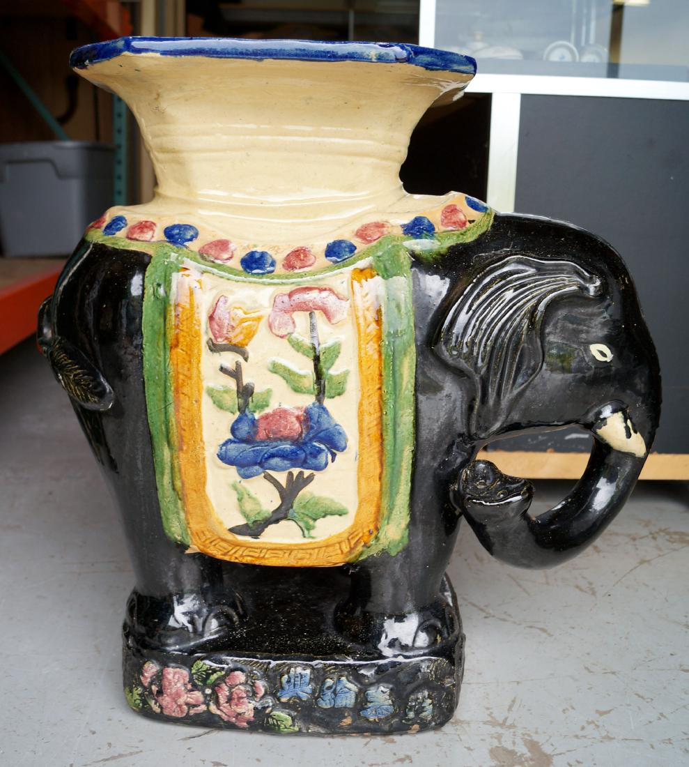 DECORATED STONEWARE ELEPHANT PEDESTAL. HEIGHT 23": DECORATED STONEWARE ELEPHANT PEDESTAL. HEIGHT 23"