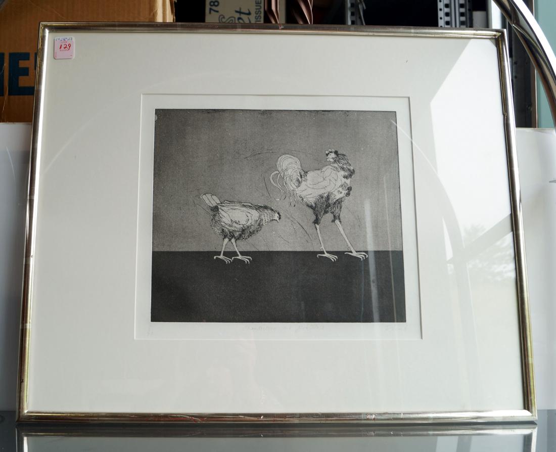 DAME ELISABETH FRINK (UK 1930-1993), ETCHING WITH: DAME ELISABETH FRINK (UK 1930-1993), ETCHING WITH AQUATINT, "CHANTICLEER & PERTELOTE", SIGNED (IN PENCIL), TITLED AND #8/70. PLATE 10 1/2 X 12"; FRAMED AND GLAZED-20 X 24 1/2"
