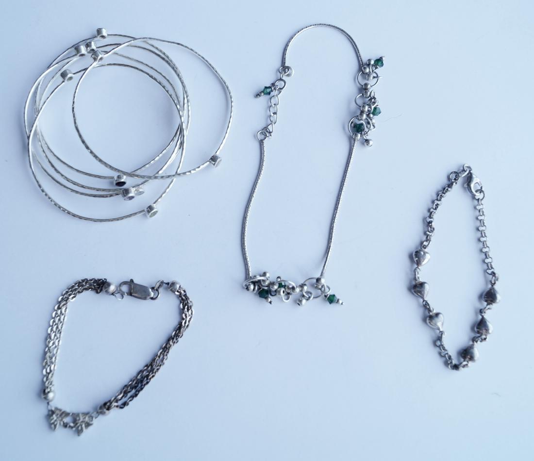 LOT STERLING BRACELETS INCLUDING SET (5) BANGLES WITH: LOT STERLING BRACELETS INCLUDING SET (5) BANGLES WITH SEMI-PRECIOUS STONES (SLIGHTLY DENTED); AND (3) CHAIN BRACELETS