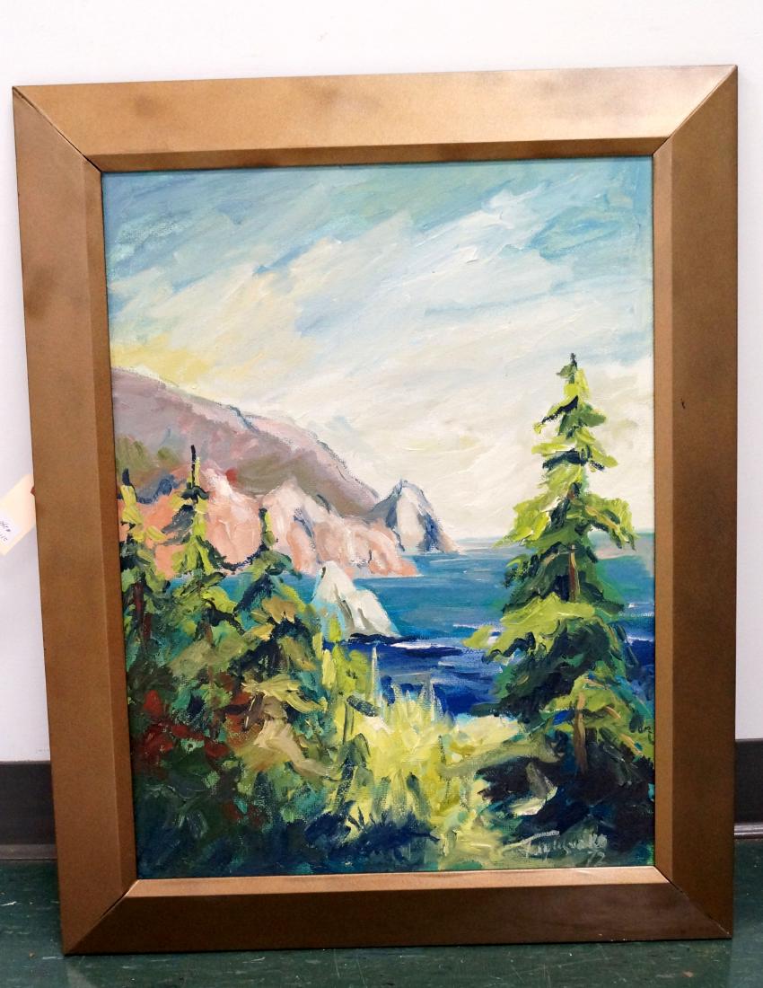 NICHOLAI PETROVITCH GLOUTCHENKO (UKRAINIAN/RUSSIAN: NICHOLAI PETROVITCH GLOUTCHENKO (UKRAINIAN/RUSSIAN 1902-1977), OIL ON MASONITE, COASTAL SCENE, SIGNED '72. 23 1/2 X 17 1/2"; FRAMED 28 1/2 X 22 3/4"