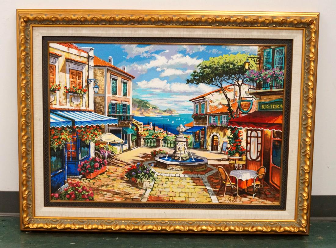 ANATOLY MEFLAN (UKRAINE 1964-) HAND EMBELLISH SERIGRAPH: ANATOLY MEFLAN (UKRAINE 1964-) HAND EMBELLISH SERIGRAPH ON CANVAS, "LA TAVERNA", SIGNED, #36/75. 22 X 32"; FRAMED 31 X 41"