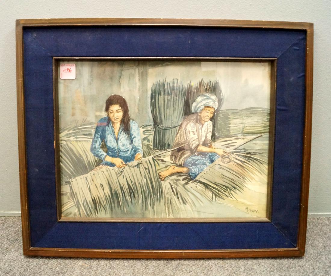 M. IDRIS ZAIN (MALAYSIAN 1939-2000), WATERCOLOR, TWO: M. IDRIS ZAIN (MALAYSIAN 1939-2000), WATERCOLOR, TWO WOMEN THATCHING, SIGNED. SIGHT 10 1/2 X 14"; FRAMED AND GLAZED-15 1/2 X 19" (IMPERFECTION UR)