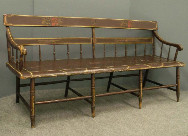 LANCASTER CO. PA PAINTED SPINDLE-BACK SETTEE: LANCASTER CO. PENNSYLVANIA PAINTED SPINDLE-BACK SETTEE/MEETING BENCH, 19TH CENTURY. LENGTH 72"; DEPTH 20" **NO IN-HOUSE SHIPPING**