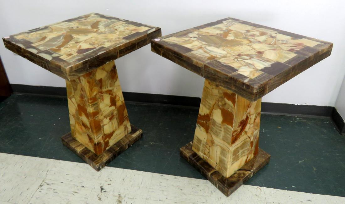 PAIR DESIGNER AGATE PEDESTAL TABLES. HEIGHT 30"; TOP 24 (1 of 2)
