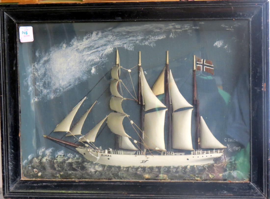 VINTAGE HALF HULL BOAT DIORAMA, "RIMAC", SIGNED C.: VINTAGE HALF HULL BOAT DIORAMA, "RIMAC", SIGNED C. BIRCH, #4/12 SCALE 1909. FRAMED AND GLAZED-14 3/4 X 20"
