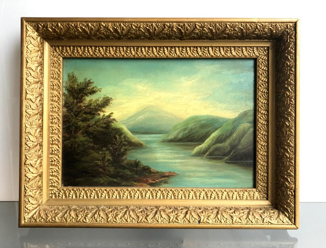 AMERICAN SCHOOL (19/20TH CENTURY), OIL ON ARTIST BOARD,: AMERICAN SCHOOL (19/20TH CENTURY), OIL ON ARTIST BOARD, HUDSON VALLEY RIVERSCAPE, UNSIGNED. 8 X 12"; FRAMED 11 1/2 X 15"