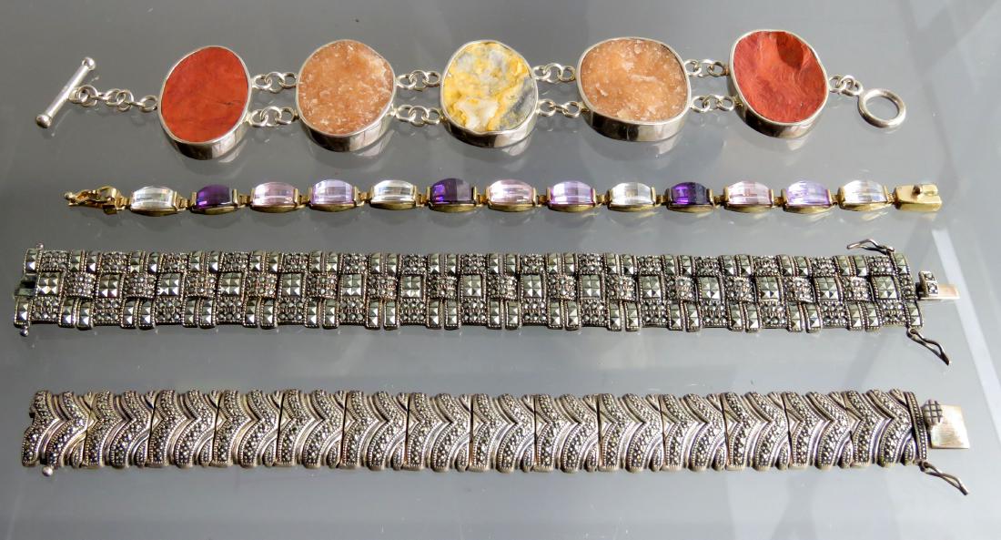 LOT (4) SEMI-PRECIOUS, HARDSTONE AND MARCASITE: LOT (4) SEMI-PRECIOUS, HARDSTONE AND MARCASITE BRACELETS. LENGTH 7 1/4-8 1/4"; GROSS WEIGHT 188.25 GRAMS