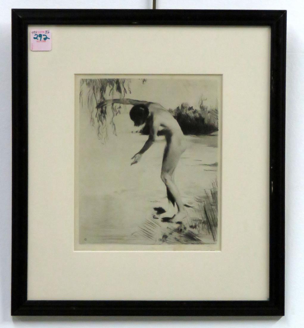 GERMAN SCHOOL (20TH CENTURY), ETCHING, NUDE, SIGNED: GERMAN SCHOOL (20TH CENTURY), ETCHING, NUDE, SIGNED FRANZ HANFSTAENGL, MUNCHEN. SIGHT 8 3/8 X 7"; FRAMED AND GLAZED-15 X 13"