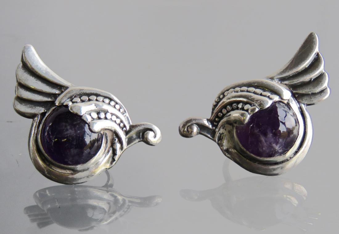 PAIR MARGOT DE TAXCO STERLING AND AMETHYST SCREW-BACK: PAIR MARGOT DE TAXCO STERLING AND AMETHYST SCREW-BACK EARRINGS WITH CABOCHAN AMETHYSTS, SIGNED WITH EAGLE WITH 16. LENGTH 1 1/8"; GROSS WEIGHT 0.56 OZT