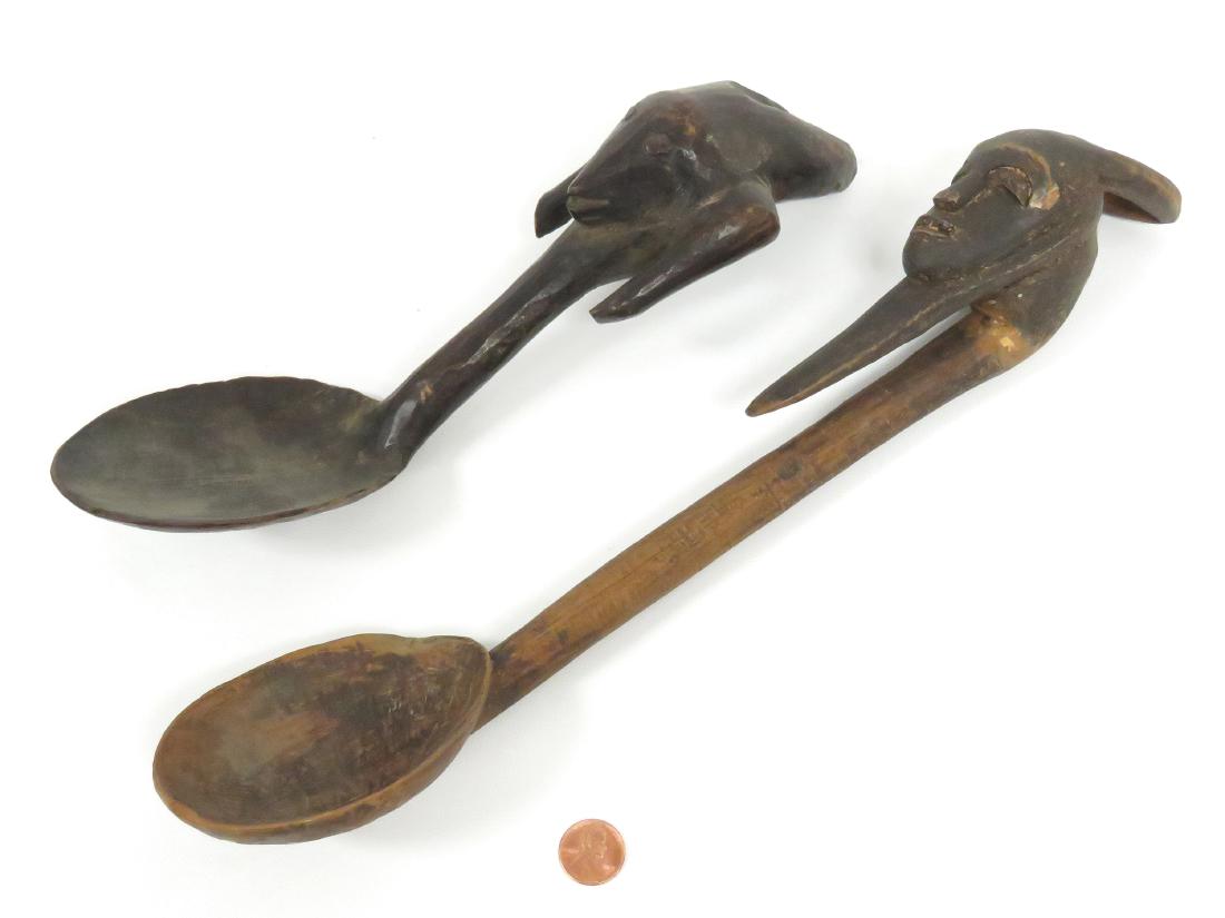 LOT (2) AFRICAN CARVED WOOD SPOONS. LENGTH 11-14" (1 of 4)