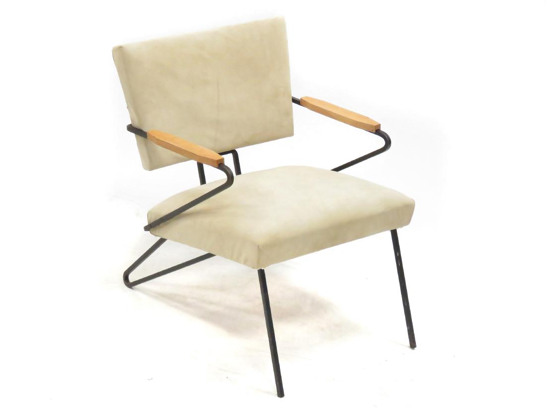 MID-CENTURY MODERN SUEDE AND WROUGHT IRON ARMCHAIR,: MID-CENTURY MODERN SUEDE AND WROUGHT IRON ARMCHAIR, MANNER OF JEAN PROUVE