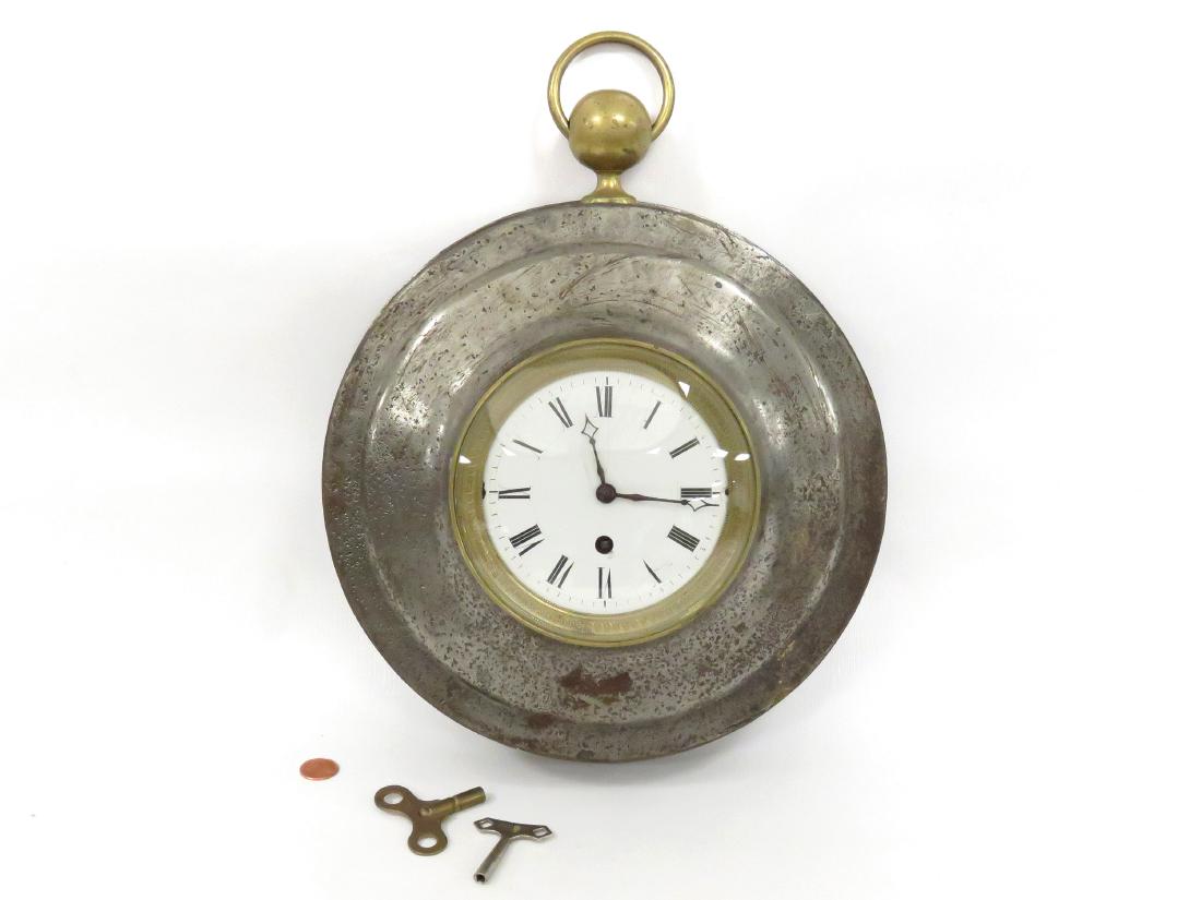FRENCH IRON AND BRASS HANGING WALL CLOCK, 19TH CENTURY. (1 of 5)