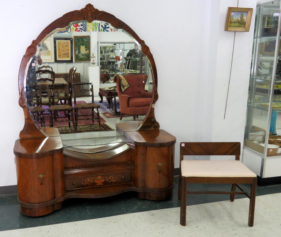 ART DECO INLAID WALNUT DRESSING STAND WITH BENCH. (1 of 1)