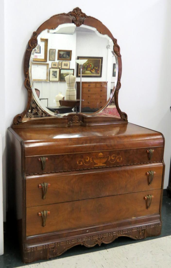ART DECO INLAID WALNUT CHEST WITH MIRROR. HEIGHT 76; (1 of 1)