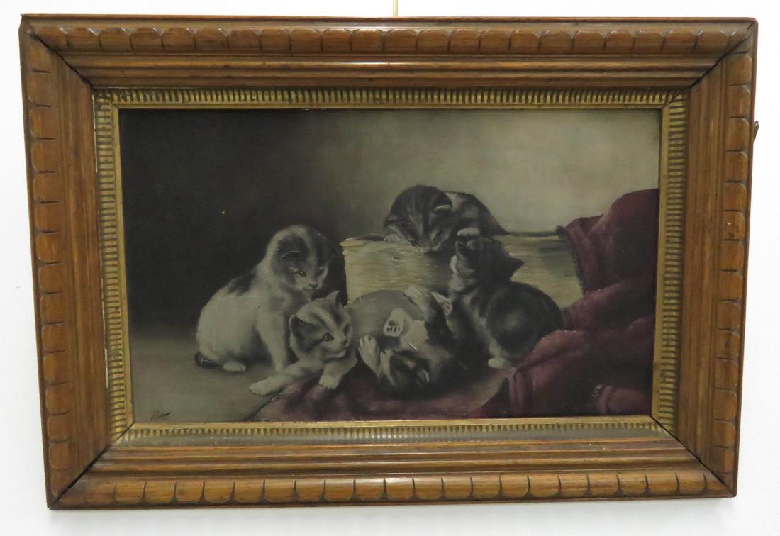AMERICAN SCHOOL (20TH CENTURY), OIL ON BOARD, KITTENS,: AMERICAN SCHOOL (20TH CENTURY), OIL ON BOARD, KITTENS, SIGNED MCLEAN. 9 3/4 X 16 3/8"; FRAMED 14 7/8 X 21 1/2"