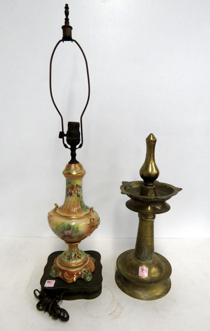 LOT (2) INCLUDING INDIAN BRASS FLUID LAMP AND PORCELAIN (1 of 1)