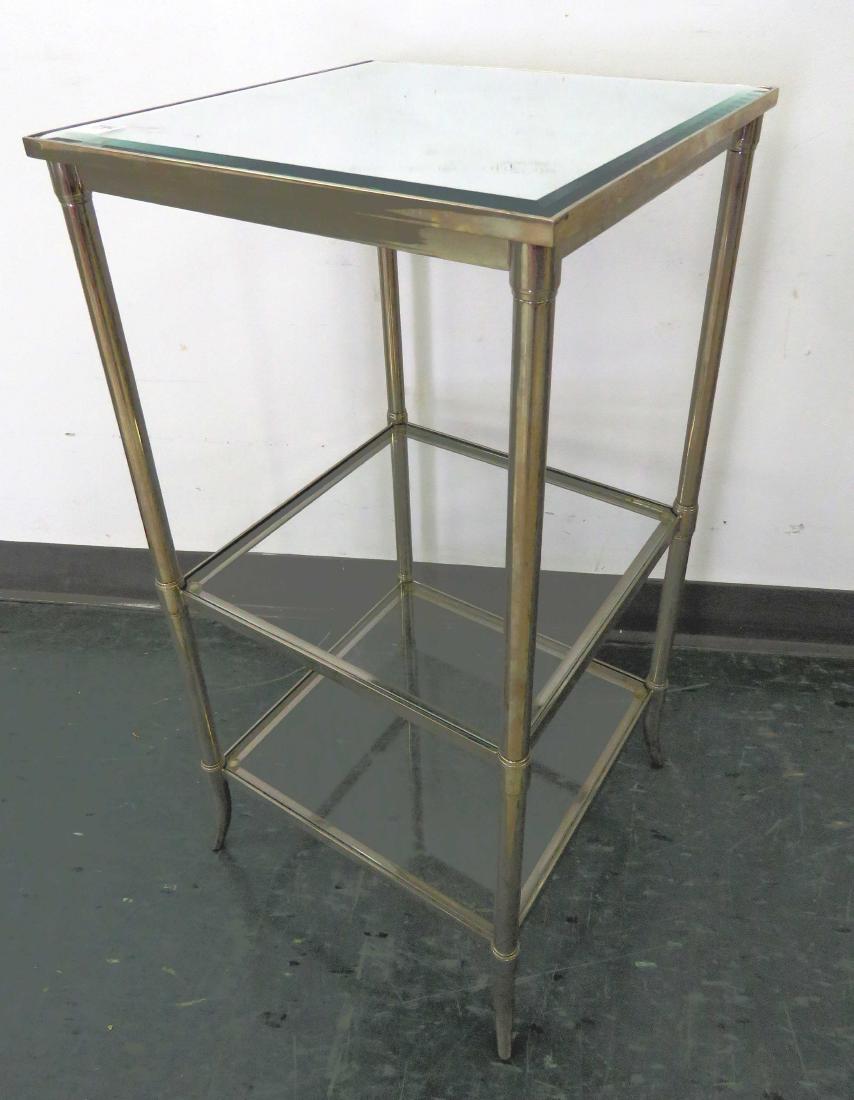 DESIGNER STEEL AND GLASS 3-TIER STAND. HEIGHT 28"; TOP: DESIGNER STEEL AND GLASS 3-TIER STAND. HEIGHT 28"; TOP 14 X 14"