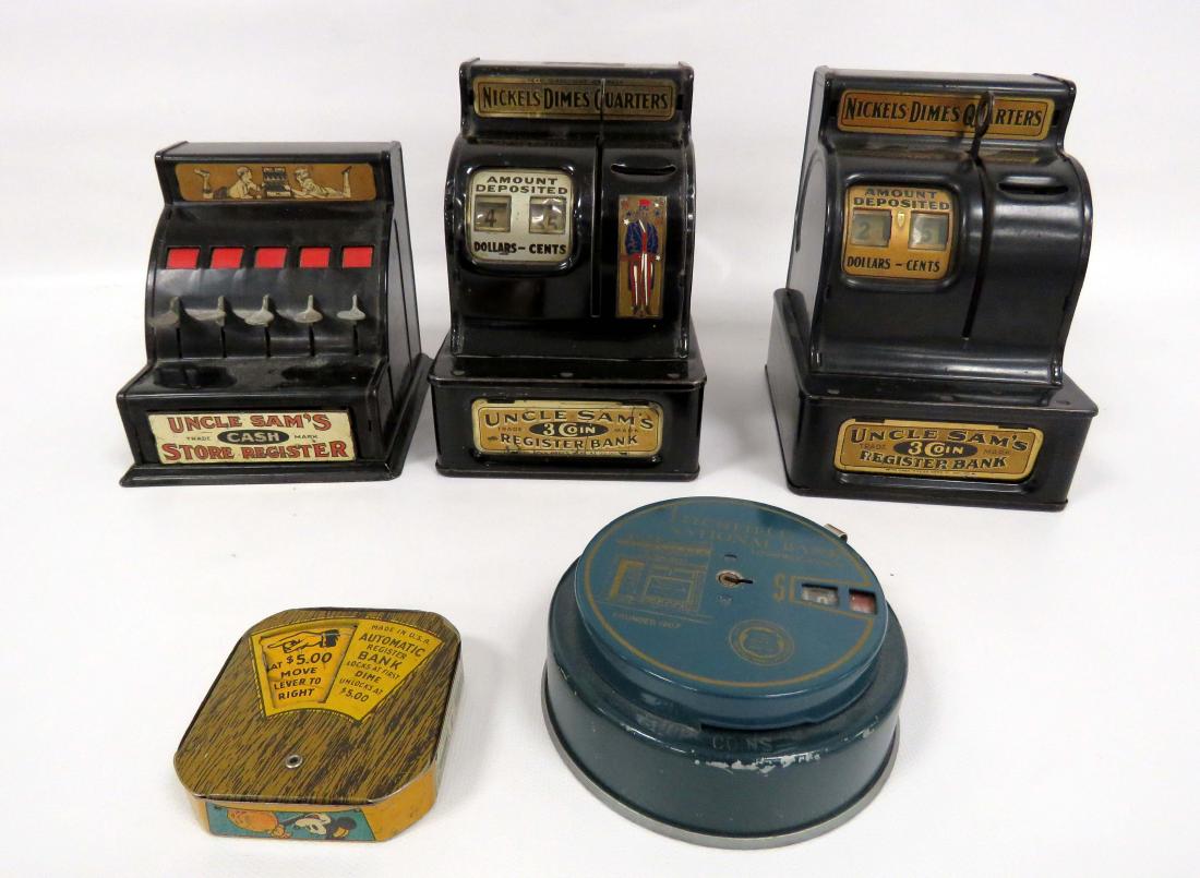 LOT (5) TIN LITHO BANKS INCLUDING (3) CASH (1 of 1)