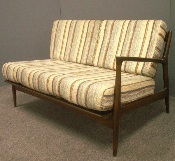 DANISH DESIGN (AFTER HANS WEGNER) WALNUT SETTEES: PAIR DANISH DESIGN (AFTER HANS WEGNER) WALNUT SETTEES, C.1960'S WITH ORIGINAL UPHOLSTERY. LENGTH 48" **DUE TO THE SIZE AND/OR FRAGILITY OF THIS LOT, STANDARD IN-HOUSE SHIPPING IS NOT AVAILABLE. PLEASE