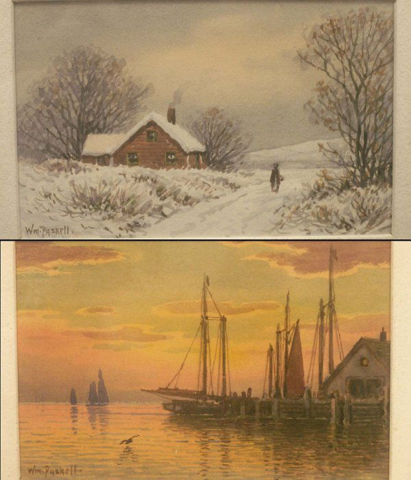 LOT (2) WATERCOLORS, SIGNED WM PASKELL: LOT (2) WATERCOLORS, SIGNED WM PASKELL (WILLIAM FREDERICK, BOSTON 1866-1951) INCLUDING NEW HAMPSHIRE WINTER LANDSCAPE; EVENING-HARBOR SCENE. 4 1/2 X 7"; FRAMED & GLAZED 10 X 12 1/2"