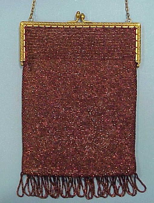 VINTAGE BEADED HANDBAG: VINTAGE BEADED HANDBAG WITH BRASS FRAME & CHAIN, C.1920 (POSSIBLY REATTACHED).