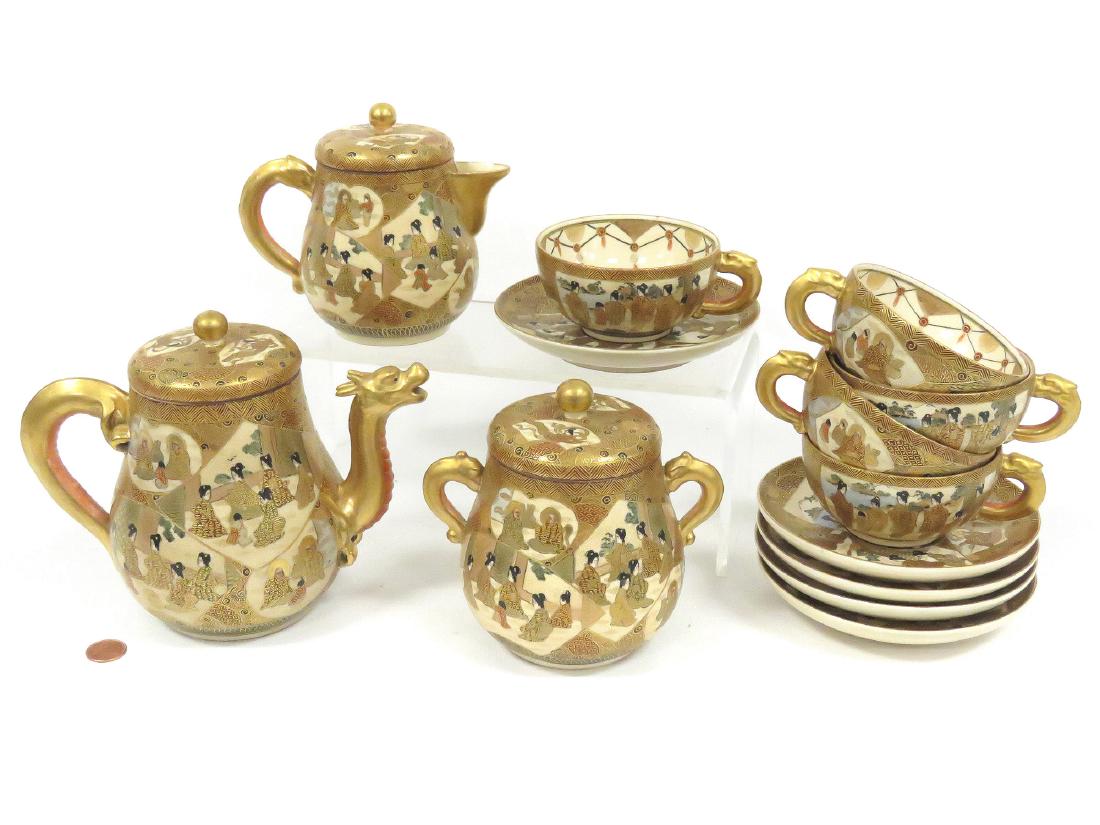 VINTAGE SATSUMA GILT DECORATED TEA SET (13), TAISHO. (1 of 5)