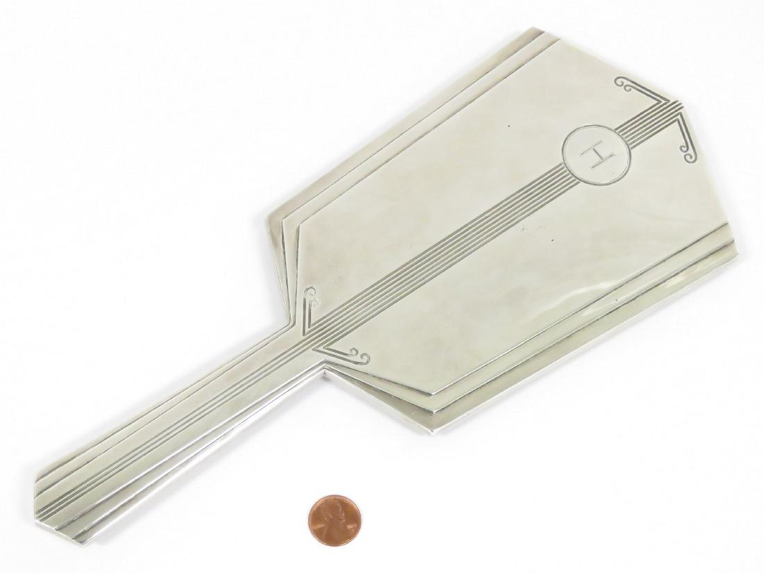 ART DECO INTERNATIONAL STERLING SILVER HAND MIRROR.: ART DECO INTERNATIONAL STERLING SILVER HAND MIRROR. LENGTH 11 1/2" (MIRROR WITH SCRATCHES & IMPERFECTIONS)