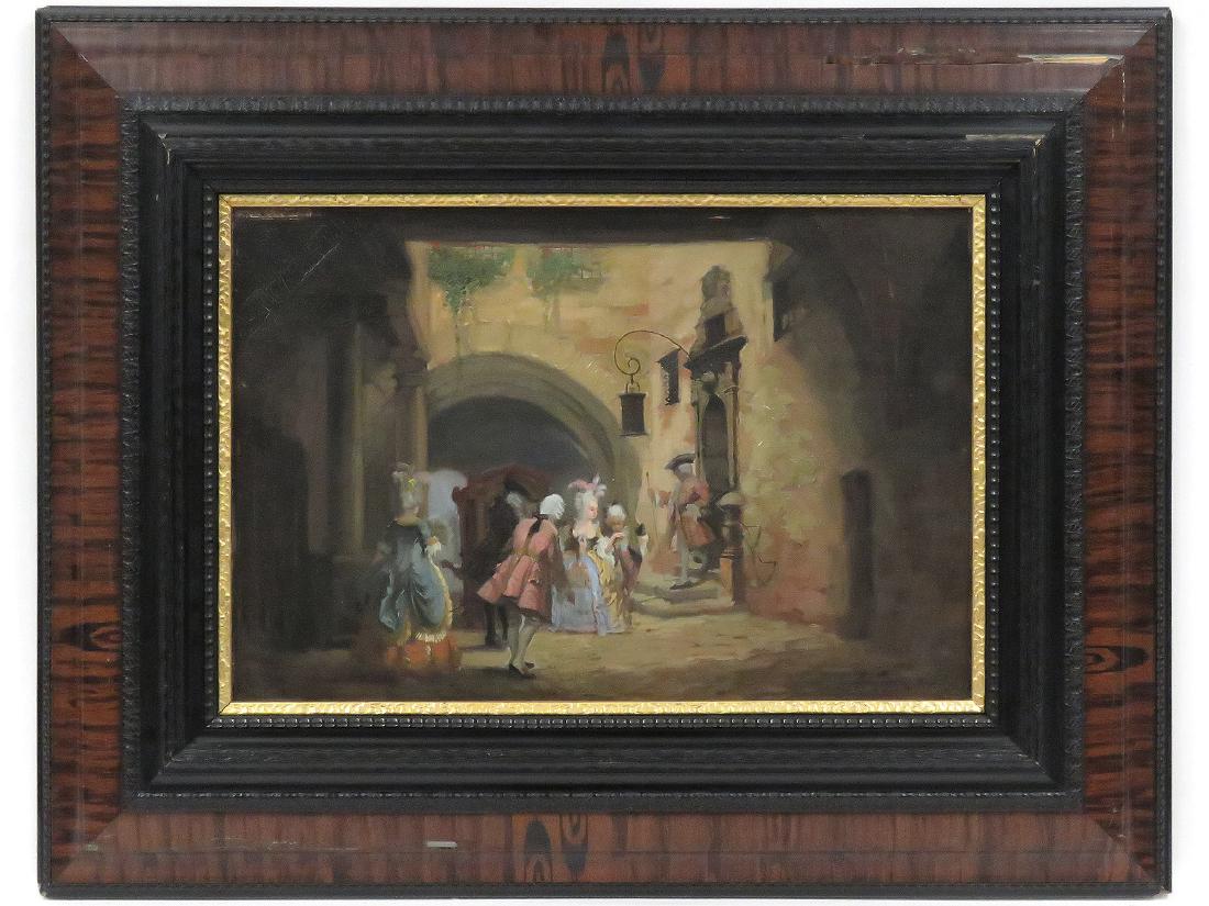 GERMAN SCHOOL (19/20TH CENTURY), OIL ON PANEL, STREET: GERMAN SCHOOL (19/20TH CENTURY), OIL ON PANEL, STREET WITH SEDAN CHAIR AND FIGURES, SIGNED ROBERT FRANK. 14 X 21"; FRAMED 25 1/4 X 32 1/4"