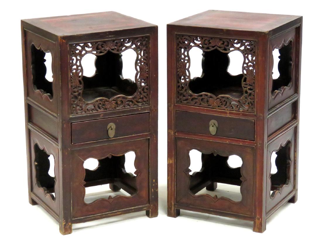 PAIR CHINESE CARVED MT. ASH SINGLE-DRAWER STANDS, EARLY (1 of 5)