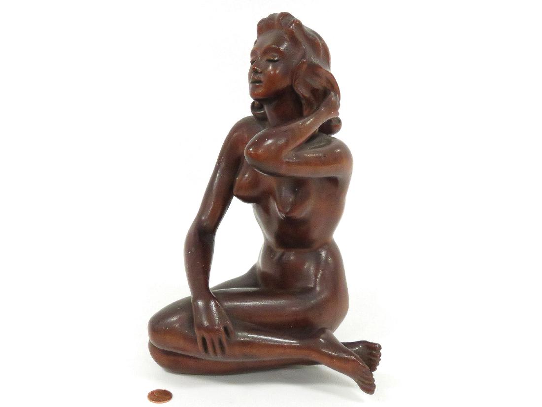 ART DECO CARVED MAHOGANY FIGURE OF A SEATED BEAUTY. (1 of 4)