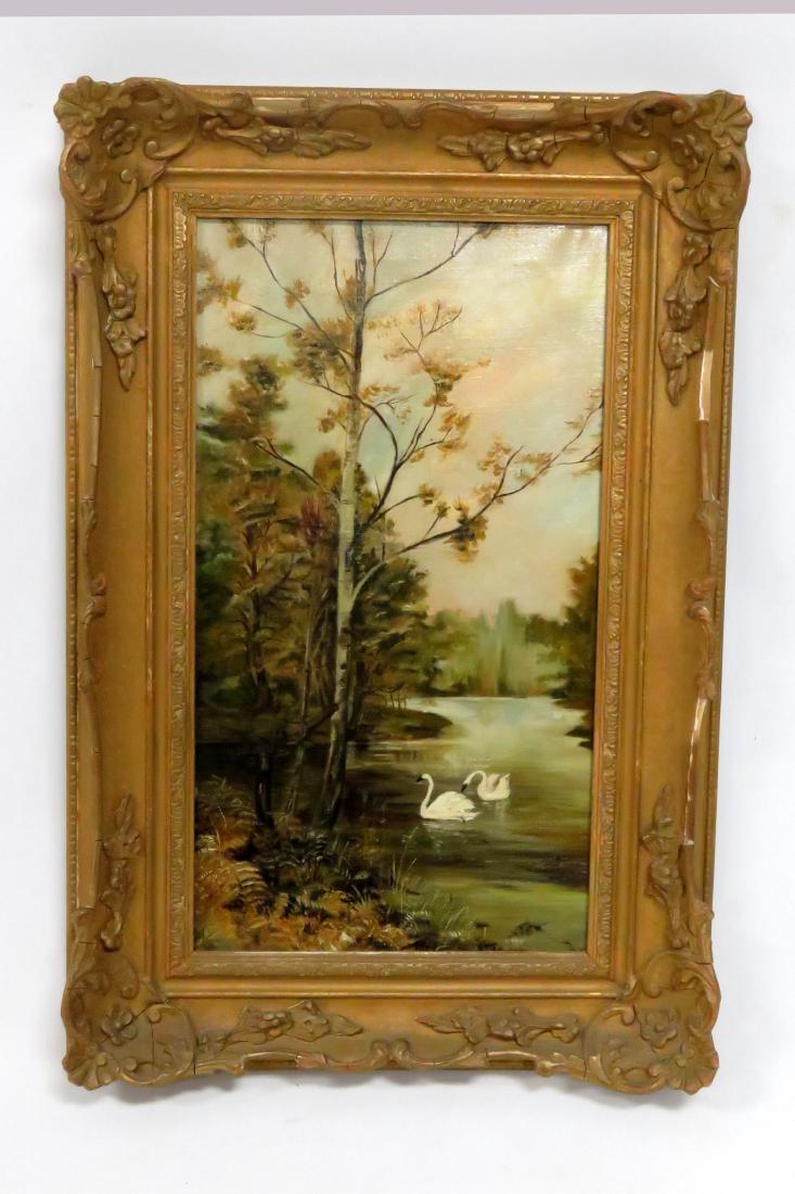AMERICAN SCHOOL (19/20TH CENTURY), OIL ON CANVAS, LAKE: AMERICAN SCHOOL (19/20TH CENTURY), OIL ON CANVAS, LAKE WITH SWAN, UNSIGNED. FRAMED 23 1/2 X 15 1/2"