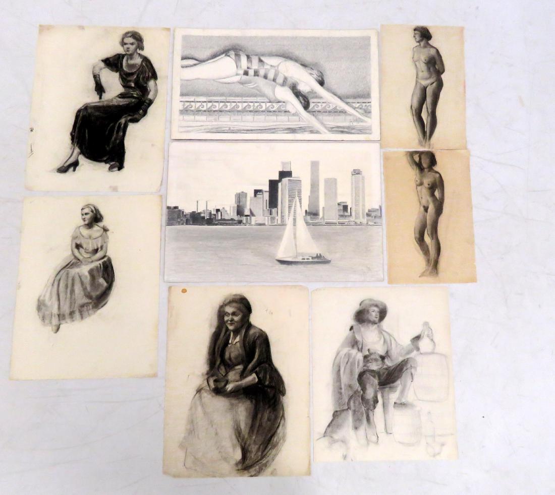 PORTFOLIO ASSORTED VINTAGE CHARCOAL SKETCHES INCLUDING: PORTFOLIO ASSORTED VINTAGE CHARCOAL SKETCHES INCLUDING NUDES, PORTRAIT