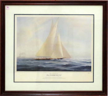 TIM THOMPSON (BRITISH 20TH CENTURY), OFFSET LITHOGRAPH,: TIM THOMPSON (BRITISH 20TH CENTURY), OFFSET LITHOGRAPH, 1934 AMERICA'S CUP, SIGNED. FRAMED AND GLAZED-28 X 31 1/2"