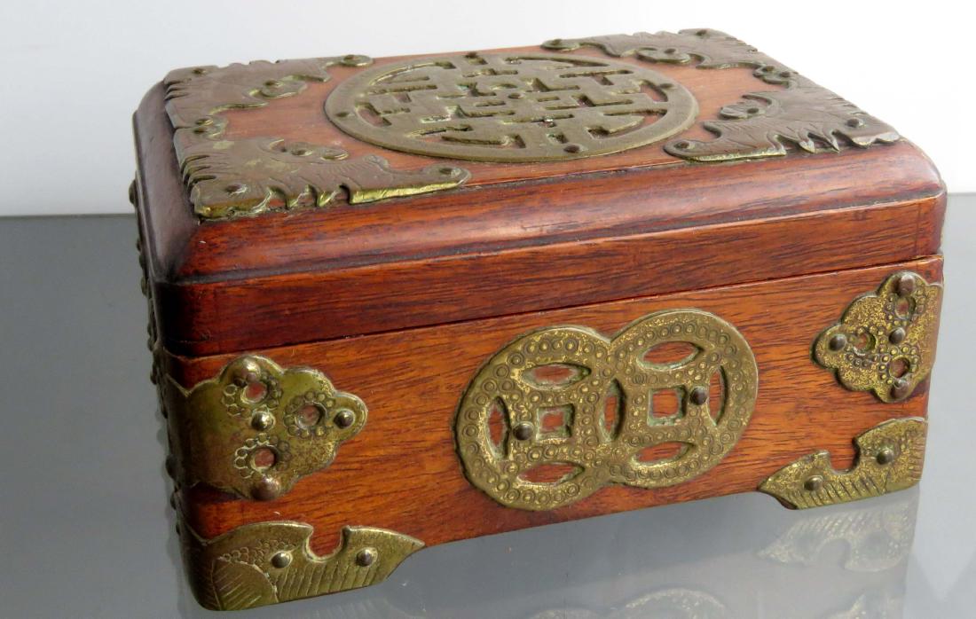 CHINESE BRASS MOUNTED HARD WOOD COVERED BOX. HEIGHT 2 (1 of 2)