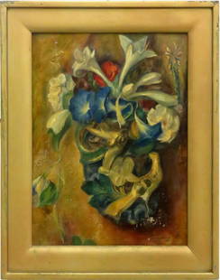 KARL ANDERSON (AMERICAN 1874-1986), OIL ON MASONITE,: KARL ANDERSON (AMERICAN 1874-1986), OIL ON MASONITE, "CHINESE WALL VASE", SIGNED AND TITLED 1945. 20 1/4 X 15 1/2"