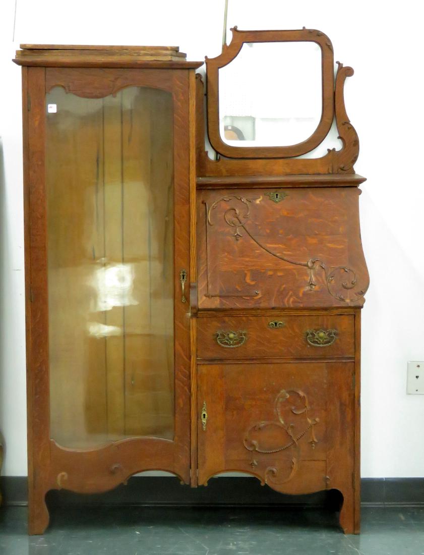 OAK CARVED SIDE BY SIDE DESK/BOOKCASE, 19/20TH CENTURY. (1 of 1)