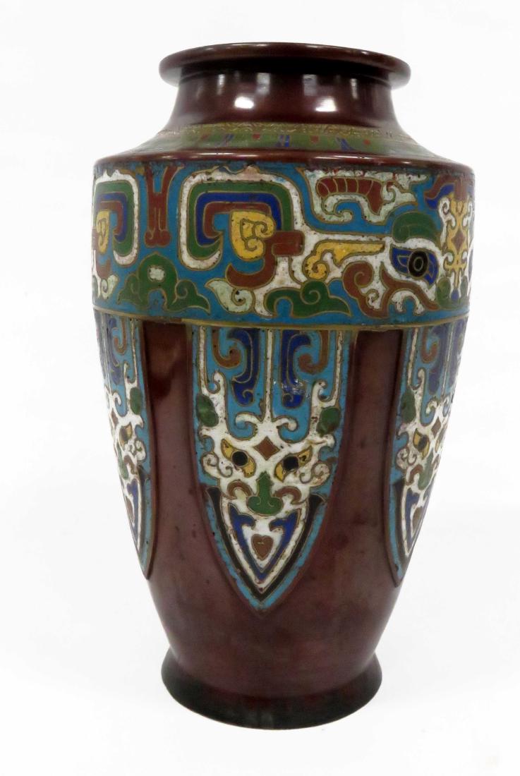 CHINESE ARCHAIC-FORM BRONZE/ENAMEL VASE. HEIGHT 12" (1 of 2)