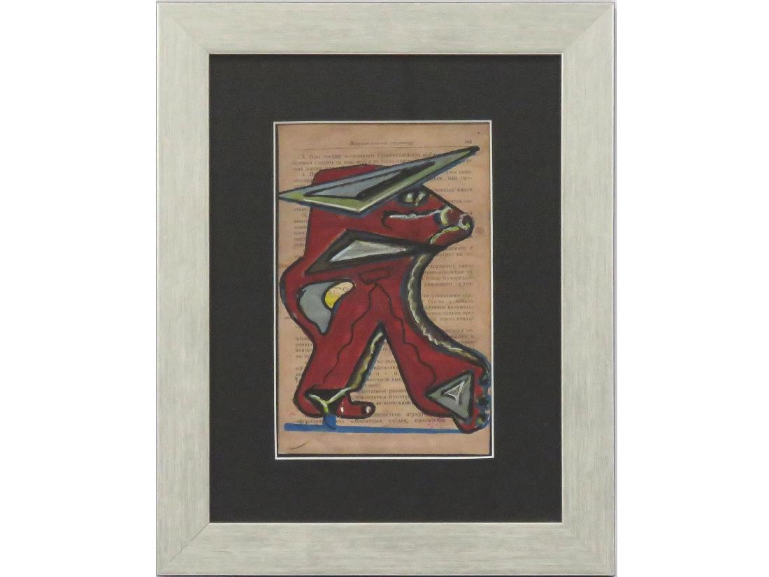 RUSSIAN SCHOOL (20TH CENTURY), MANNER OF ALEXANDER: RUSSIAN SCHOOL (20TH CENTURY), MANNER OF ALEXANDER ARCHIPENKO, GOUACHE ON RUSSIAN BOOK PAGE, UNTITLED STUDY. SIGHT 8 1/2 X 5 1/4"; FRAMED AND GLAZED-14 1/4 X 11 1/4"