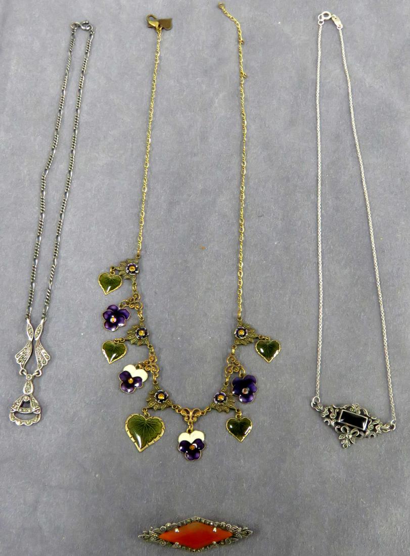 LOT (4) STERLING, ENAMEL AND MARCASITE INCLUDING ENAMEL: LOT (4) STERLING, ENAMEL AND MARCASITE INCLUDING ENAMEL PANSY NECKLACE, BROOCH AND (2) MARCASITE NECKLACES