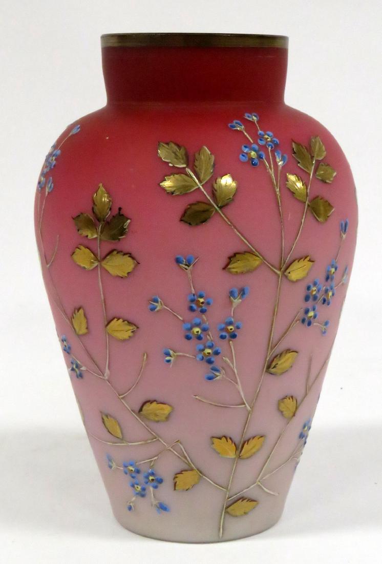 ANTIQUE ENAMEL DECORATED PEACH BLOW VASE. HEIGHT 8 1/2" (1 of 1)
