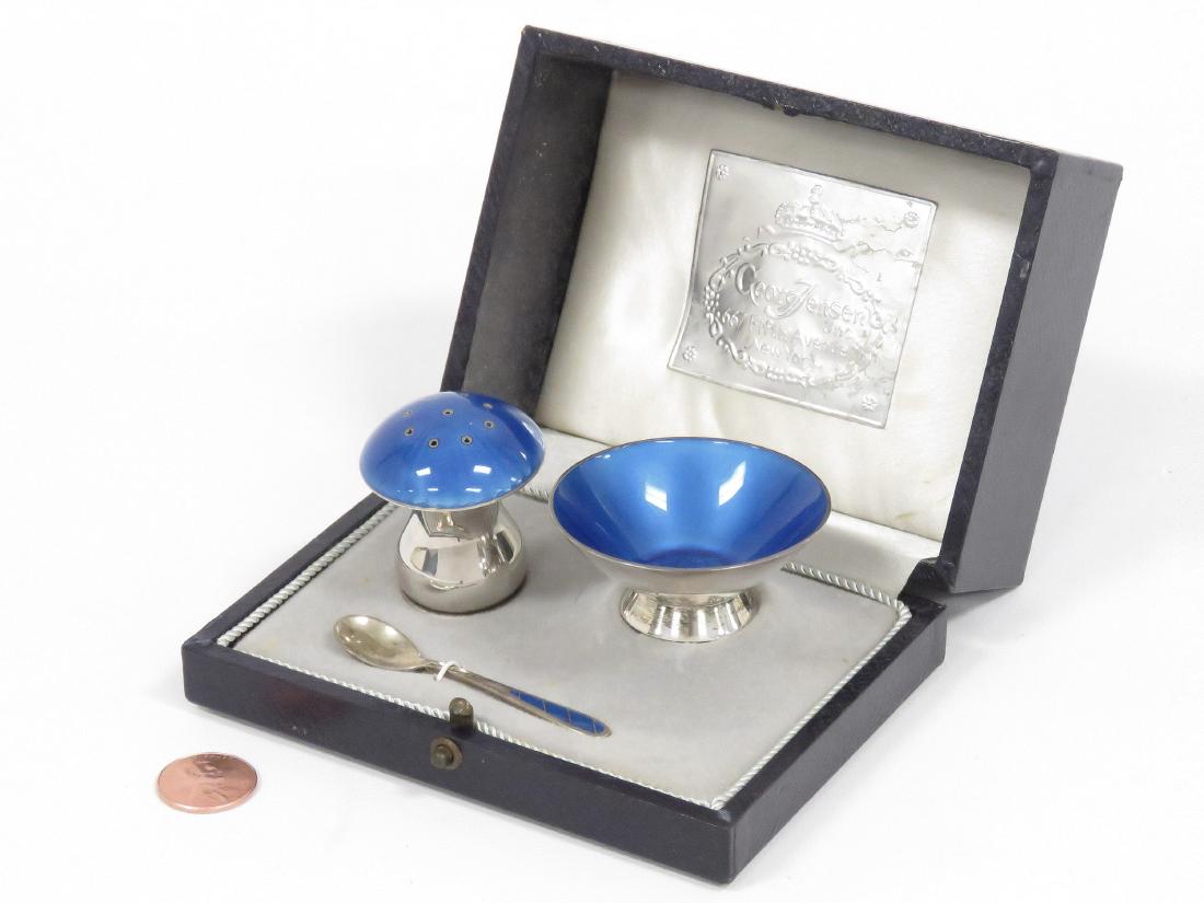 ELA/DENMARK STERLING BLUE ENAMELED OPEN/SALT, SPOON AND (1 of 6)